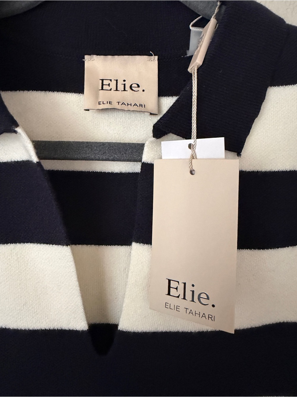 Elie Tahari Navy & Cream Striped Polo Knit Sweater - Picture 4 of 5